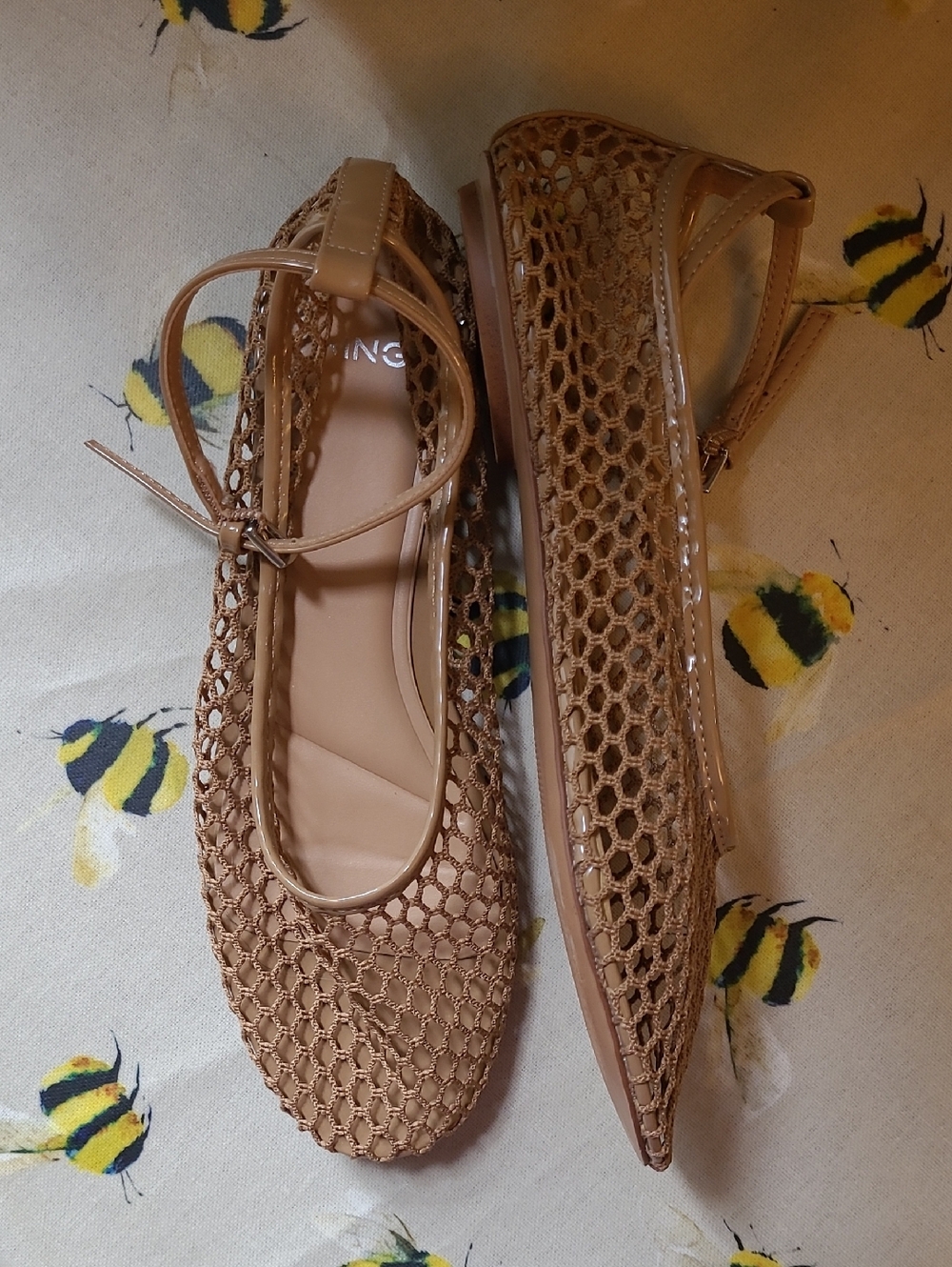 Mango Tan Fishnet Ballet Flats with Ankle Strap, 38/7.5 - Picture 8 of 8
